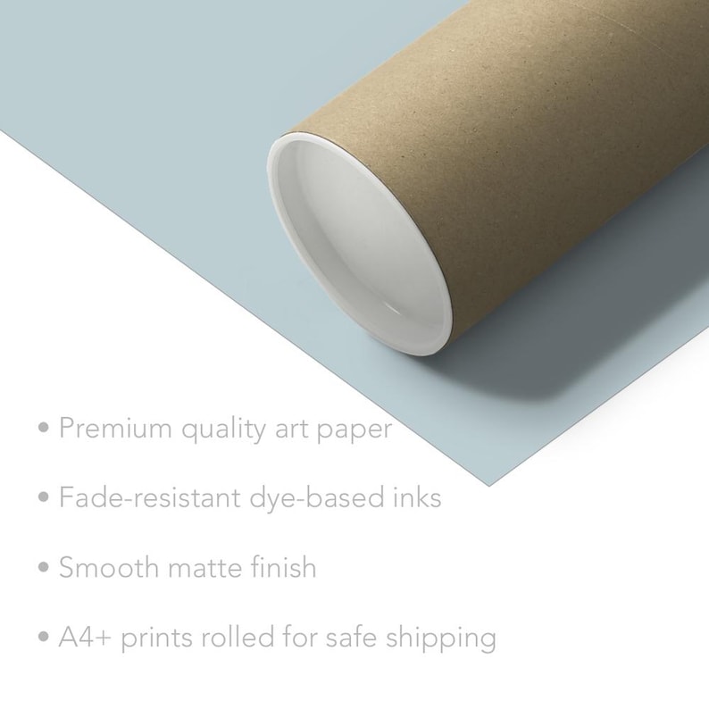 May include: A brown cardboard tube with a white edge, rolled up for safe shipping. The tube is on a light blue background with text describing the product's features: premium quality art paper, fade-resistant dye-based inks, smooth matte finish, and A4+ prints rolled for safe shipping.