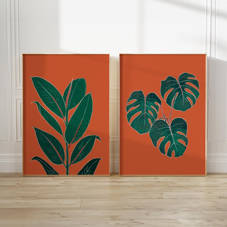 Rust orange botanical rubber plant print, wall art for bedroom, living room or office decor, A5, A4 or A3 boho gallery wall picture Set of 2 prints