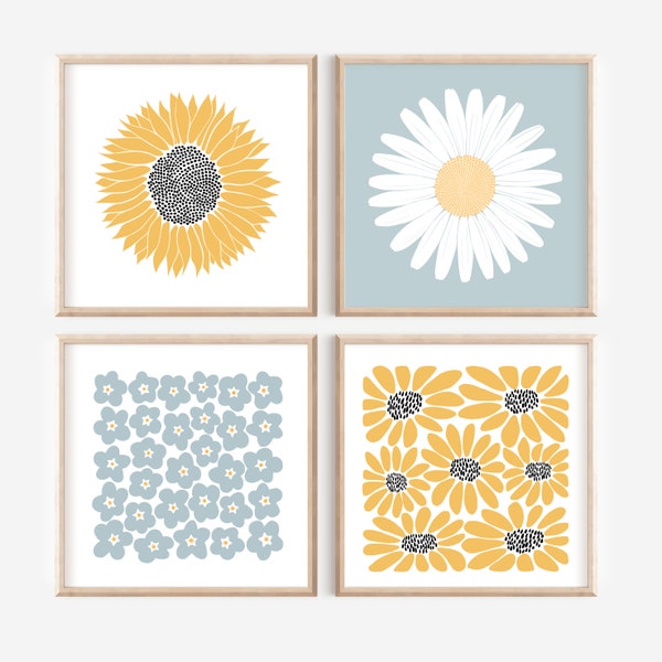 Gänseblümchen & Sonnenblume Wandkunst 4er-Set, skandinavische Blumendrucke