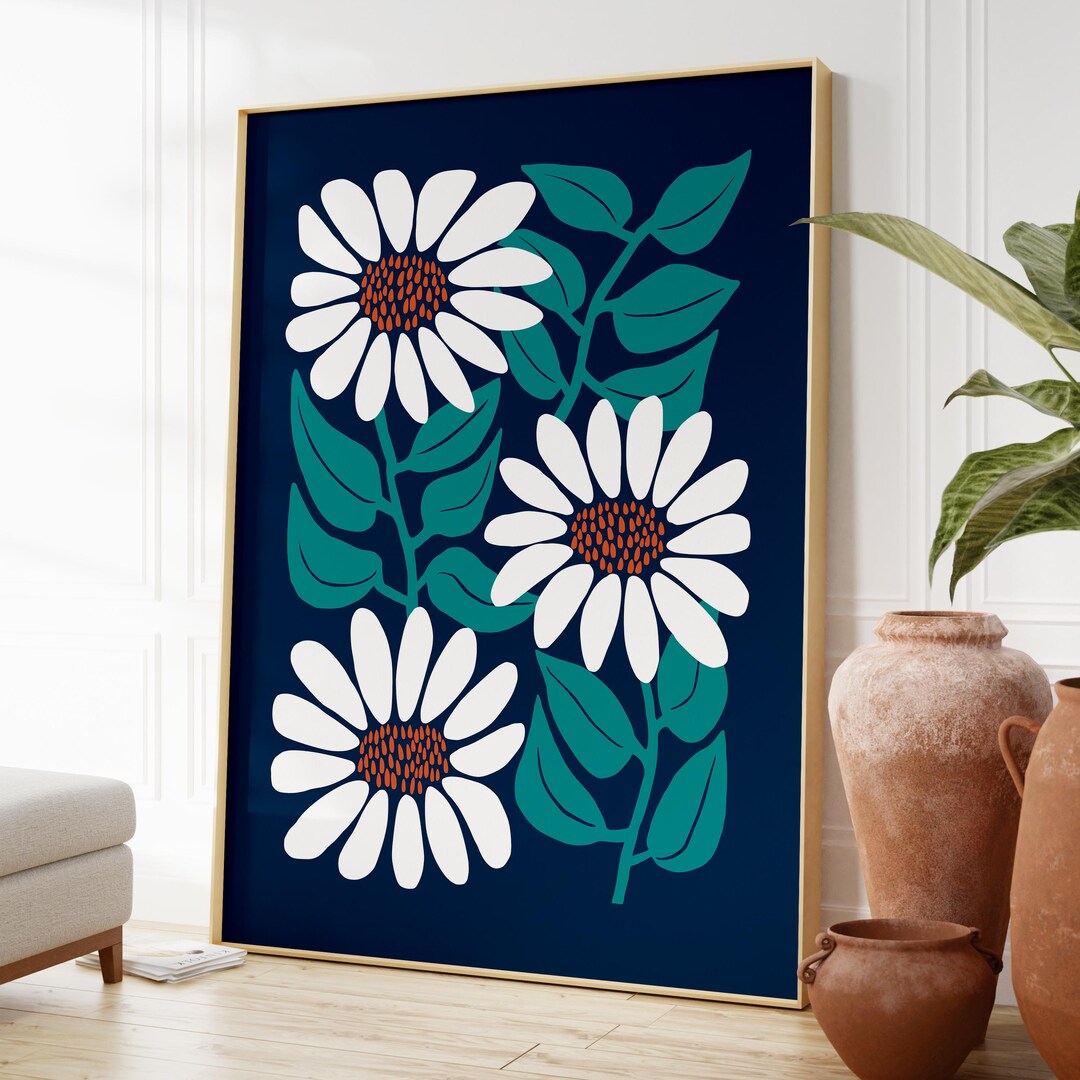 Daisy Flower Art Print, Bold Floral Wall Art, Navy Blue Daisy Poster - Etsy