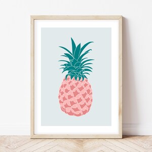 Pineapple wall art print, tropical fruit home decor, pink and teal illustration, modern kitchen art, maximalist print set A5/A4/A3/A2/A1