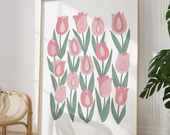 Abstract tulips flower wall art, boho floral print, pink and sage botanical prints, bedroom, living room decor A5/A4/A3/A2/A1/4x6/5x7/8x10