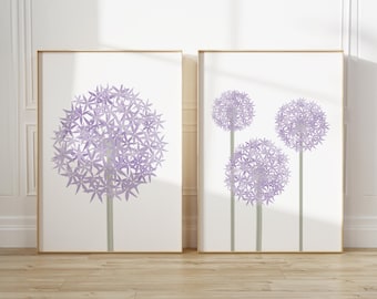 Floral alliums wall art set, boho flower prints, lilac bedroom or bathroom botanical prints, purple wall decor A5/A4/A3/A2/A1/4x6/5x7/8x10
