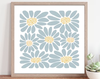 Blue Floral Wall Art, Retro Flower Print, Modern Square Decor