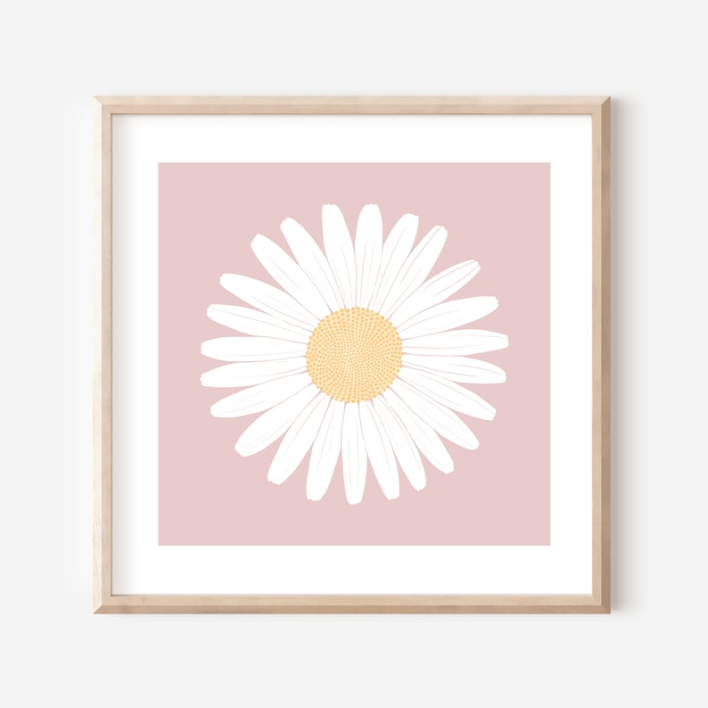 May include: A white daisy with a yellow center on a light pink background. The daisy is framed in a light wood frame.