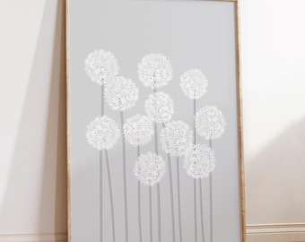Grey Allium Floral Print, White Botanical Wall Art, Modern Minimal Decor