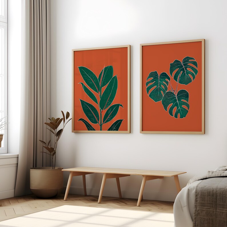 Rust orange botanical rubber plant print, wall art for bedroom, living room or office decor, A5, A4 or A3 boho gallery wall picture image 8
