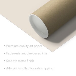 Puede incluir: Se muestra un rollo de impresi&oacute;n de un p&oacute;ster o una obra de arte en un tubo de cart&oacute;n. La impresi&oacute;n est&aacute; protegida para un env&iacute;o seguro. El texto de la imagen dice: "Papel de arte de calidad superior, Tintas a base de colorantes resistentes a la decoloraci&oacute;n, Acabado mate liso, Impresiones A4+ enrolladas para un env&iacute;o seguro."