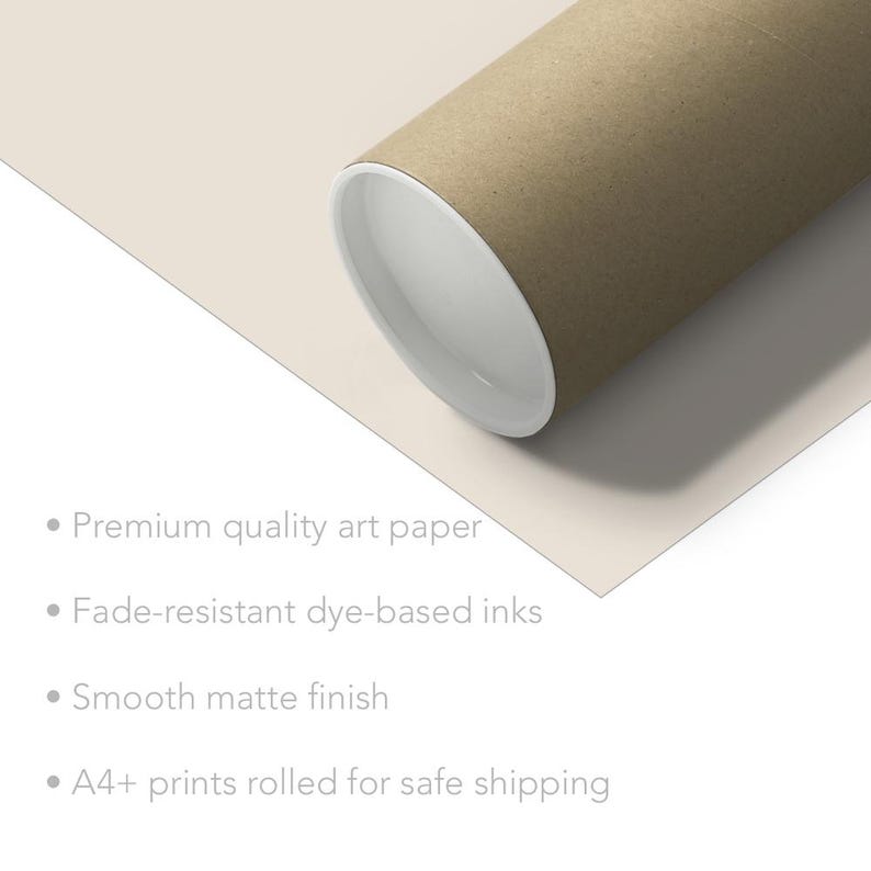 Puede incluir: Se muestra un rollo de impresi&oacute;n de un p&oacute;ster o una obra de arte en un tubo de cart&oacute;n. La impresi&oacute;n est&aacute; protegida para un env&iacute;o seguro. El texto de la imagen dice: "Papel de arte de calidad superior, Tintas a base de colorantes resistentes a la decoloraci&oacute;n, Acabado mate liso, Impresiones A4+ enrolladas para un env&iacute;o seguro."