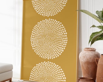 Arte murale astratta color ocra e giallo, stampe moderne a pois, arredamento minimalista per la casa