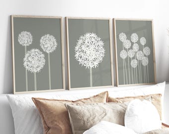 Sage Green Allium Prints Set of 3 Botanical Floral Wall Art