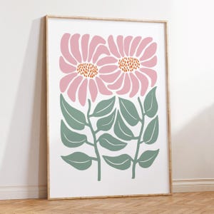 Pink Daisy Wall Art Print, Botanical Flower Poster, Scandi Floral Decor