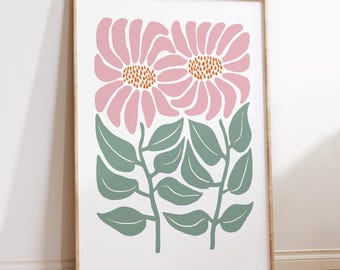 Pink daisy floral art print, botanical wall decor for Scandi large flower poster