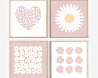 Set of 4 square wall art, pink flower print set, girls bedroom wall art, dusty rose nursery decor, floral pictures, scandi art prints