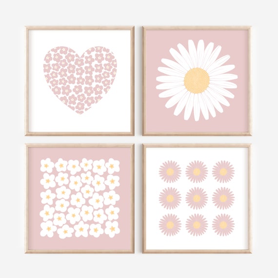 Pastel Pink Floral Wall Art Set of 4, Daisy and Heart Prints