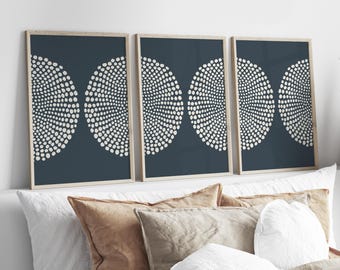Navy Blue Abstract Dot Prints Set of 3 Circular Modern Wall Art