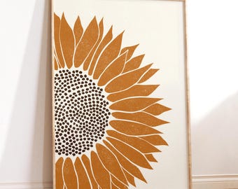 Sunflower Wall Art Print, Boho Orange Botanical Poster, Terracotta Neutral Home Decor