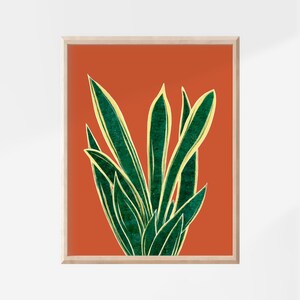 a vibrant, abstract representation of a plant with long, thin leaves in shades of green and yellow against a bold, orange background.