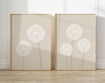 Dandelion Prints Set of 2, Neutral Beige Botanical Wall Art, Minimalist Floral Wall Decor