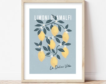 Amalfi lemons vintage citrus wall art print, blue kitchen poster, dining or living room botanical fruit decor A5/A4/A3/A2/A1/8x10/5x7/4x6