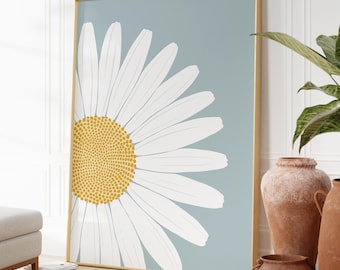 Blue Daisy Wall Art Print, White Floral Print, Nursery & Bedroom Decor