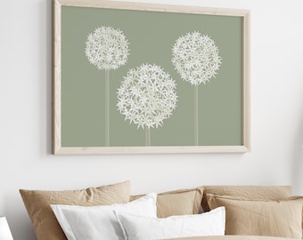 Olive Green Allium Landscape Wall Art, Sage Botanical Print, Minimalist Flower Artwork