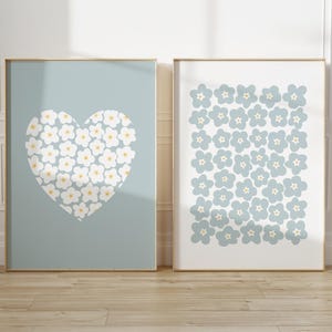 Daisy and Forget-Me-Not Floral Print Set, Pastel Blue Flower Decor Set of 2 prints