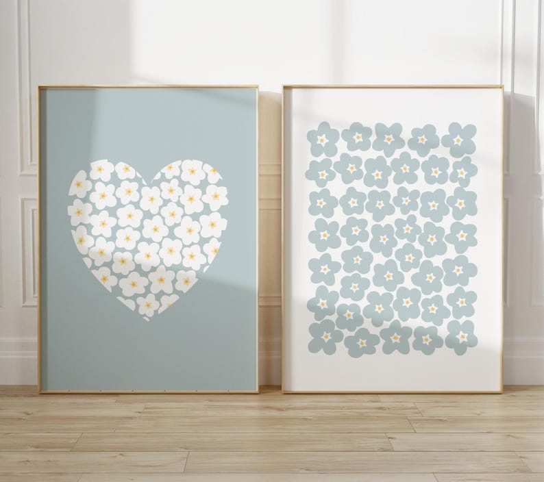 Daisy and Forget-Me-Not Floral Print Set, Pastel Blue Flower Decor Set of 2 prints