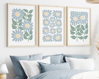 Soft Blue Floral Art Prints, Daisy Botanical Wall Decor, Pastel Flower Artwork, Set of 3