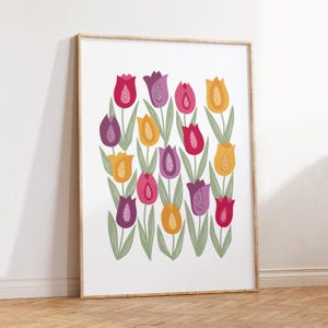 Tulip wall art print, colourful floral decor, modern flower illustration, botanical print, pastel spring home decor, vibrant tulip artwork