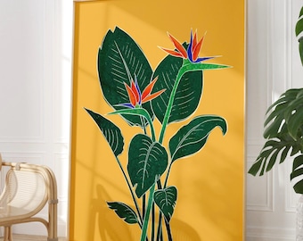 May include: A digital art print featuring a stylized illustration of a bird of paradise flower with green leaves on a yellow background.