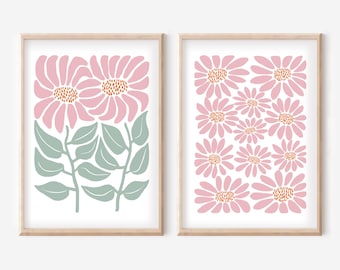 Pink Abstract Daisy Flower Prints – Set of 2 Modern Floral Wall Art