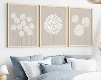 Taupe Alliums Wall Art Set of 3, Neutral Botanical Prints, Minimal Floral Decor