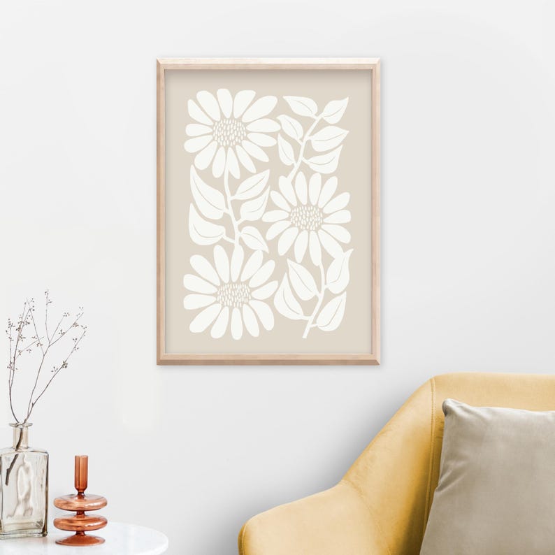 Neutral Sunflower Print, Retro Floral Wall Art, Beige Botanical Decor image 11
