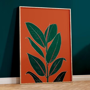 Rostorange botaniskt gummiväxttryck, väggkonst för sovrum, vardagsrum eller kontorsinredning, A5, A4 eller A3 boho gallerivägg bild 7