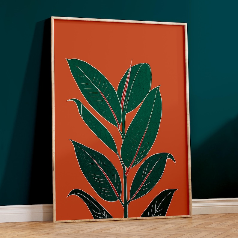 Rostorange botaniskt gummiväxttryck, väggkonst för sovrum, vardagsrum eller kontorsinredning, A5, A4 eller A3 boho gallerivägg bild 7