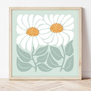 Retro daisy flowers pastel green wall art print, square floral prints, kitchen, home office or living room wall decor