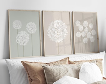 Allium Wall Art Set of 3, Sage Green, Beige & Taupe Neutral Botanical Prints