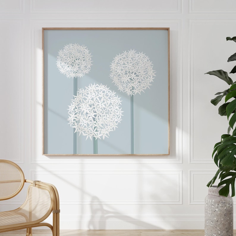 May include: A blue and white abstract art print featuring three white stylized flowers with a light blue background.