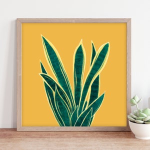 Yellow house plant square art print, snake plant mustard wall art, abstract living room, bathroom or hallway print