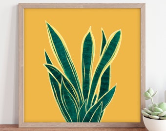 Yellow house plant square art print, snake plant mustard wall art, abstract living room, bathroom or hallway print
