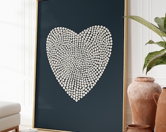 Navy Heart Wall Art, Minimalist Dot Print, Modern Blue Bedroom Decor