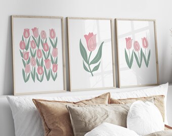 Pink Tulip Wall Art Set of 3, Retro Floral Botanical Prints - Etsy