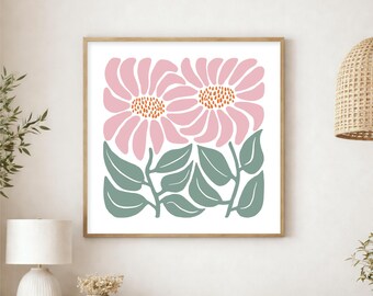 Pink Daisy Wall Art Print, Square Floral Art, Blush and Sage Botanical Decor