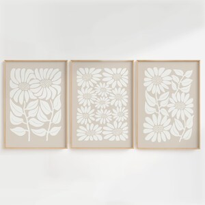 Neutral Sunflower Print, Retro Floral Wall Art, Beige Botanical Decor Set of 3 prints
