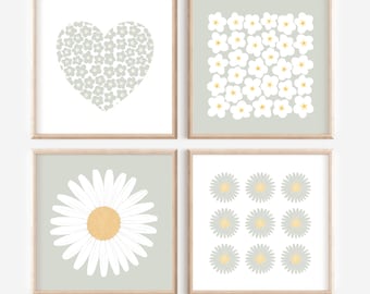 Conjunto de 4 Quadros Decorativos com Margaridas em Verde Sálvia, Estampas Florais para Paredes, Decoração para Quarto de Bebê