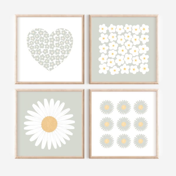 Sage Green Daisy Wall Art Set of 4, Floral Prints for Walls, Nursery Decor