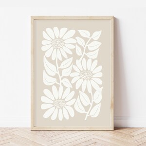 Neutral Sunflower Print, Retro Floral Wall Art, Beige Botanical Decor 3 flowers - 1 print