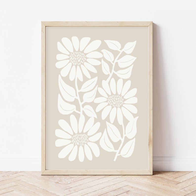 Neutral Sunflower Print, Retro Floral Wall Art, Beige Botanical Decor 3 flowers - 1 print