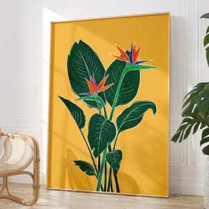 Affiche Oiseau de Paradis, Décoration murale botanique jaune moutarde, Décoration végétale tropicale, Œuvre d'art maximaliste